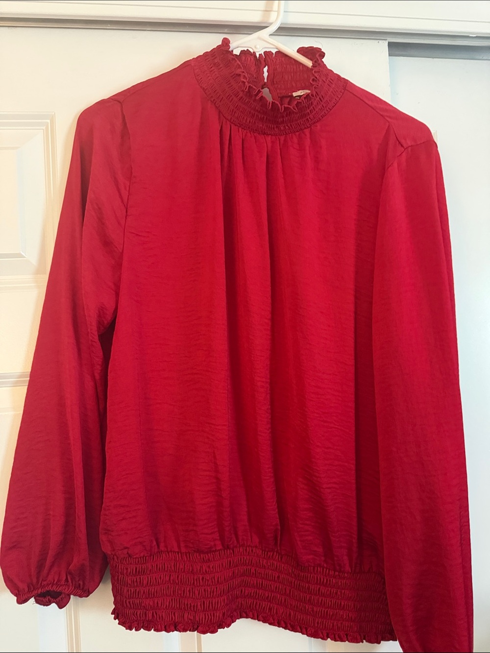Smocked-Neck Red Long-Sleeve Blouse